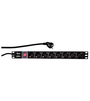 19"PDU, 8xSCHUKO, prekidač, 1HU, 2m kabl, ALU, crni